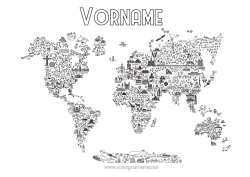 Malvorlage anpassen Geografie Symbole Weltkarte Denkmal Reise des Weihnachtselfen