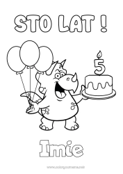 Kolorowanka do personalizacji Urodziny Dinozaury Balony Triceratops Wszystkiego najlepszego z okazji urodzin! Personalizowany wiek urodzinowy Tort urodzinowy