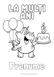 Desen liber de colorat Aniversare Dinozauri Baloane Triceratops La mulți ani! Vârstă personalizabilă de sărbătorit Tort de ziua de naștere