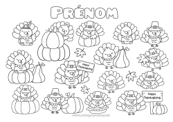 Coloriage à personnaliser Citrouille Thanksgiving Kawaii Dinde de Thanksgiving