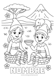 Colorear para personalizar Elfos de navidad Dibujos de Elfos para colorear África Viaje del duende navideño Varios duendes traviesos 🇪🇸 Duendes de Navidad Viajeros