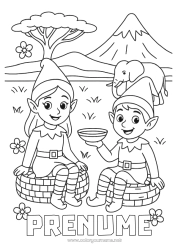 Pagină de colorat personalizată Moșneguții de Crăciun Desene de colorat cu spiriduși Africa Călătoria elfului de Crăciun Mai mulți spiriduși poznași Desen de colorat pentru Păcălici Călători