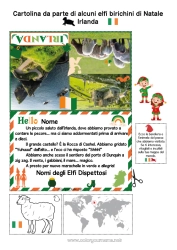 Colorare per personalizzare Pagine da colorare degli elfi Irlanda Viaggio dell'elfo di Natale Cartolina Cartolina di vari elfi Diversi elfi birichini Folletti di Natale Viaggiatori