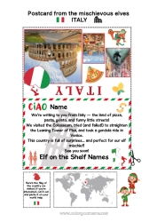 Coloring to customize Italy Christmas Elf Trip Postcard Postcard of SEVERAL elves