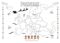 Pagină de colorat personalizată Moș Crăciun Moșneguții de Crăciun Desene de colorat cu spiriduși Hartă a lumii Călătoria elfului de Crăciun Hartă a continentelor Desen de colorat pentru Păcălici Călători Europa