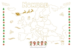 Colorear para personalizar Papá Noel Elfos de navidad Dibujos de Elfos para colorear Geografía Mapa del mundo Viaje del duende navideño Mapa de continentes 🇪🇸 Duendes de Navidad Viajeros Europa