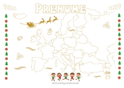 Pagină de colorat personalizată Moș Crăciun Moșneguții de Crăciun Desene de colorat cu spiriduși Geografie Hartă a lumii Călătoria elfului de Crăciun Hartă a continentelor Desen de colorat pentru Păcălici Călători Europa