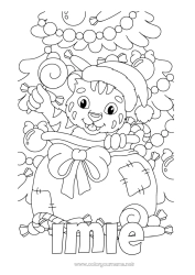 Kolorowanka do personalizacji Prezenty Choinka bożonarodzeniowa Boże Narodzenie Tygrys Okap Dzikie zwierzęta Afryki Czapka świąteczna