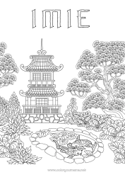Rysunek za darmo Karp Koi Japon Złożone kolorowanki Zwierzęta morskie lub wodne Pagoda Ogród