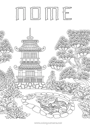 Disegno gratuito Carpa Koi Giappone Colorazioni complesse Animali marini o acquatici Pagode Giardino
