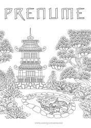 Desen liber de colorat Carp Koi Japon Desene de colorat complexe Animale marine sau acvatice Pagodă Grădină