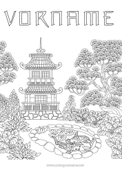Kostenlose Zeichnung Koi-Karpfen Japan Komplexe Ausmalbilder Meeres- oder Wasserlebewesen Pagode Garten