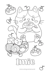 Kolorowanka do personalizacji Kot Zwierzę Wiśnia Pączki Owoce Kawiarnia Napój Słodkości, łakocie Psy i koty