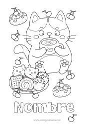Colorear gratis Cat Animales Cereza Donuts Frutas Café Bebidas Golosinas Perros y gatos