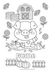 Desenho para personalizar Abóbora Kawaii Porco Animal Fazenda Girassol Animais de fazenda Celeiro