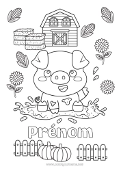 Coloriage à personnaliser Citrouille Kawaii Cochon Animal Ferme Tournesol Animaux de la ferme Grange