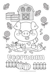 Kleurplaat aanpassen Pompoen Kawaii Varken Dier Boerderij Zonnebloem Boerderijdieren Schuur
