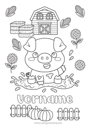 Malvorlage anpassen Kürbis Kawaii Schwein Bauernhof Sonnenblume Bauernhoftiere Scheune