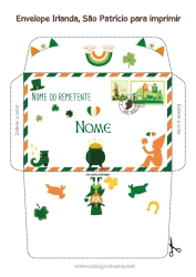 Desenho para personalizar Caldeirão mágico Primavera Sorte Irlanda Dia de São Patrício Envelope País Envelope para imprimir Viagem do Elfo de Natal Envelope para correspondência do duende de Natal