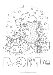 Colorare per personalizzare Regali Sacca Giocattoli Pagine da colorare degli elfi Giochi e giocattoli Globo terraqueo Cappello di Natale Folletti di Natale Viaggiatori