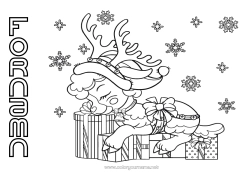 Färgläggningssida att anpassa Vinter Gåvor Ren Jul Snöflingor Djur Skogens djur