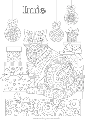 Kolorowanka za darmo Kot Prezenty Boże Narodzenie Bombka choinkowa Zwierzę Zentangle Psy i koty