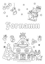 Färgläggningssida att anpassa Julgran Jultomten Ren Snögubbe Släde Jul Söt Juldekorationer Hem Skogens Djur Julstrumpa