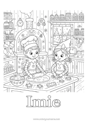 Kolorowanka za darmo Kolorowanki dla skrzatów Słodkości, łakocie Ciastka Kuchnia Kilku psotnych elfów Ciasteczko