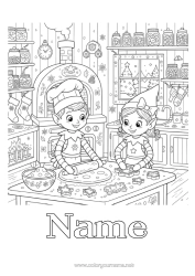 Colouring to customise Elf Colouring Pages Treats, Sweets Biscuit Kitchen Several Mischievous Elves. Biscuit