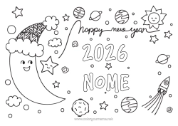 Desenho para personalizar Foguete Feliz Ano Novo Planetas e sistema solar Lua Astronomia Veículos aéreos Mensagem de
