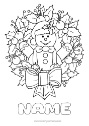 Colouring to customise Gingerbread Christmas Wreath Holly