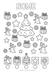 Disegno gratuito Inverno Regali Albero di Natale Pupazzo di neve Attività per Bambini Fiocchi di neve Cerca e trova Disegni da colorare facili Conta e Colora