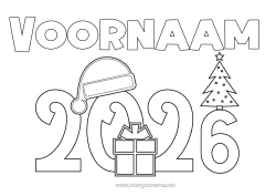 Gratis kleurplaat Kerstboom Gelukkig Nieuwjaar Kerstmuts 2026