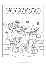 Fargeleggingssiden å tilpasse Snø Vinter Rev Kule, Ugle Kanin Julelenke Snøfnugg Fugler Og Flygende Pattedyr Skogsdyr Gran Hjort Julelue