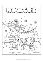 Dibujo libre Nieve Invierno Zorro Búho Conejo Guirnalda de Navidad Copos de nieve Aves y mamíferos voladores Animales del bosque Abeto Ciervo Gorro navideño