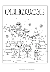 Desen liber de colorat Zăpadă Iarna Vulpe Bufniță, Uluce. Iepure Coroană de Crăciun Fulgi de zăpadă Păsări și mamifere zburătoare Animale din pădure Brad Cerb Căciulă de Crăciun