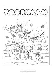 Kleurplaat aanpassen Sneeuw Winter Vos Uil, Kerkuil Konijn Kerstslinger Sneeuwvlokken Vogels En Vliegende Zoogdieren Bosdieren Kerstboom Hert Kerstmuts