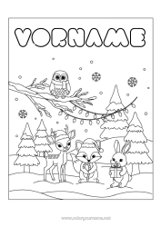Kostenlose Zeichnung Schnee Winter Fuchs Eule, Uhu Hase Weihnachtsgirlande Schneeflocken Vögel und fliegende Säugetiere Waldtiere Tannenbaum Hirsch Weihnachtsmütze