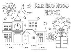 Desenho para personalizar Coração Presentes Feliz Ano Novo Fogos De Artifício Paisagem Urbana Mensagem De "Feliz Ano Novo" Relógio