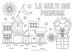 Pagină de colorat personalizată Inimă Cadouri La Mulți Ani! Foc De Artificii Peisaj Urban Mesaj "La Mulți Ani!" Ceas