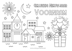 Gratis tekening Hart Cadeaus Gelukkig Nieuwjaar Vuurwerk Stadsgezicht Nieuwjaarsboodschap Klok