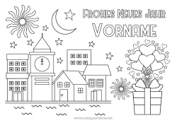 Malvorlage anpassen Herz Geschenke Frohes Neues Jahr Feuerwerk Stadtbild Nachricht "Frohes Neues Jahr" Uhr