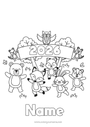 Colouring to customise Bear Squirrel Fox Owl, Tawny Owl Rabbit Happy New Year Birds And Flying Mammals Forest Animals Customisable Year 2026 2027 2028 2029