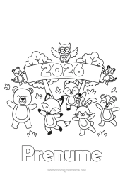 Pagină de colorat personalizată Urs Veveriță Vulpe Bufniță, Uluce. Iepure La Mulți Ani! Păsări Și Mamifere Zburătoare Animale Din Pădure An Personalizabil 2026 2027 2028 2029
