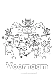 Kleurplaat aanpassen Beer Eekhoorn Vos Uil, Kerkuil Konijn Gelukkig Nieuwjaar Vogels En Vliegende Zoogdieren Bosdieren Aanpasbaar Jaar 2026 2027 2028 2029