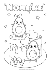 Colorear gratis Tarta Corazón Kawaii Estrellas Aguacate Pastel de cumpleaños