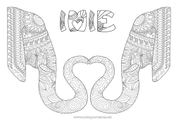 Kolorowanka do personalizacji Serce Słoń Kocham Cię. Złożone Kolorowanki Zentangle Dzikie Zwierzęta Afryki