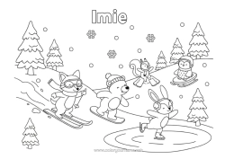 Kolorowanka za darmo Niedźwiedź śnieg Lis Zając Pingwin, pingwin cesarski Sanki Ptaki i latające ssaki Zwierzęta leśne Narty Sporty zimowe Deska snowboardowa Łyżwiarstwo