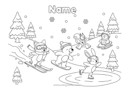 Colouring to customise Bear Sport Snow Fox Rabbit Penguin, Tuxedo Sledge Animal Birds And Flying Mammals Forest Animals Ski Winter Sports Snowboarding Skating