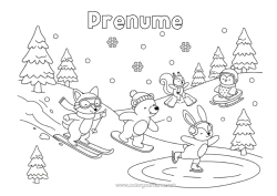 Desen liber de colorat Urs Zăpadă Vulpe Iepure Pinguin, Pinguin de gheață Sanie Păsări și mamifere zburătoare Animale din pădure Schi Sporturi de iarnă Snowboard Patinaj